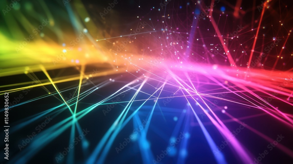 Poster abstract rainbow network digital art: vibrant lines and nodes in a colorful cyberspace