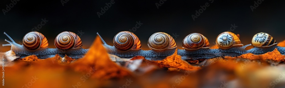 Poster seven snails in a row on a branch over autumn leaves.