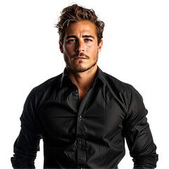 handsome young man looking at the camera with a serious expression.