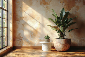 Empty light beige wall with a marble side table and a small potted snake plant, parquet wooden flooring, bathed in natural sunlight for a chic interior styling backdrop 