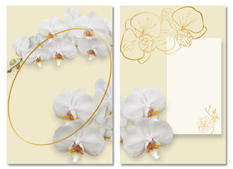 set of  white orchids on a yellow background with a golden gradient