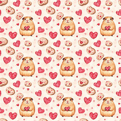 Valentine's day watercolor seamless pattern of cute guinea pigs and hearts whimsical design cheerful atmosphere