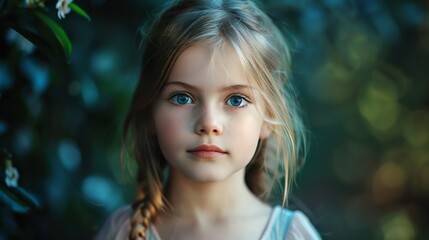 Fototapeta premium A portrait of a young girl with blonde hair and big blue eyes, looking directly at the camera.