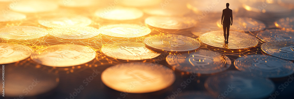 Poster a network of interconnected coins, forming a web of possibilities, with a figure at the center, symb