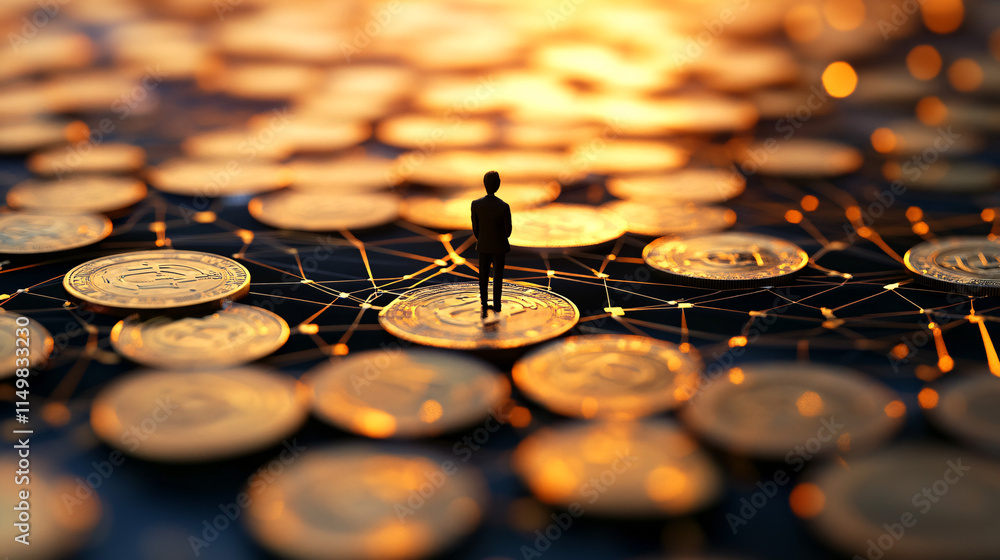 Poster a network of interconnected coins, forming a web of possibilities, with a figure at the center, symb