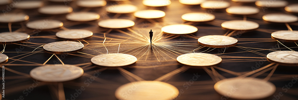 Poster a network of interconnected coins, forming a web of possibilities, with a figure at the center, symb