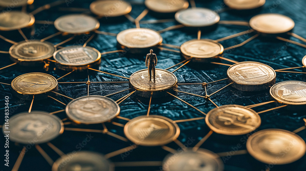 Poster a network of interconnected coins, forming a web of possibilities, with a figure at the center, symb
