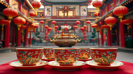 Fototapeta premium Asian Teacups Illustration Red Lanterns Temple Background