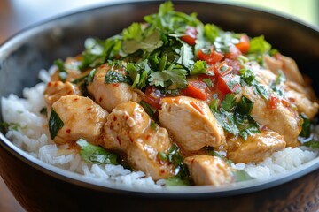Chicken curry bowl with rice and fresh cucumber slices garnished with mint leaves