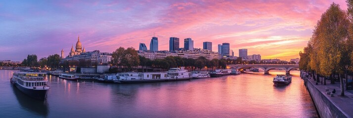 Fototapeta premium Panoramic sunset view of Paris skyline with boats on Seine River.