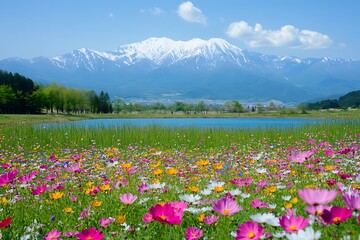 Obraz premium Beautiful spring background with a blue sky, white clouds, and green grass with colorful flowers.