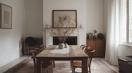 Minimalist rustic dining room with a wooden walnut table, retro chairs, a carpet, dried flowers, and a cozy fireplace creating a warm, stylish space