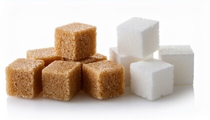 White and brown sugar cubes isolated white background