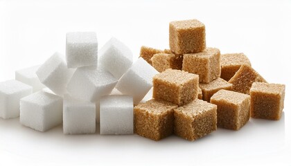 White and brown sugar cubes isolated white background  - Cane sugar cubes