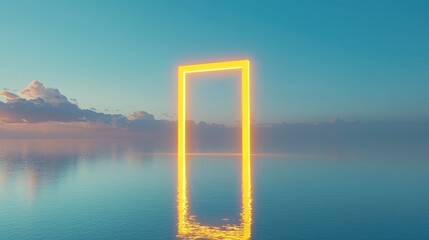 Glowing Doorway Illuminating Calm Water Under Clear Blue Sky