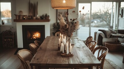 Rustic elegance in a dining room with a walnut wood table, retro chairs, dried flowers, a...