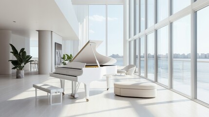Fototapeta premium Sleek, modern living room featuring a white grand piano, minimalist decor, and floor-to-ceiling windows for a bright, open ambiance.