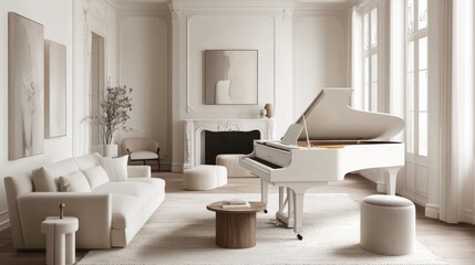 Sophisticated living room with a minimalist aesthetic, a white grand piano, and subtle decor elements adding warmth and elegance.