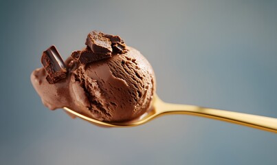 Fototapeta premium gold spoon with realistic delicious spoonful of chocolate brownie ice cream, Generative AI 