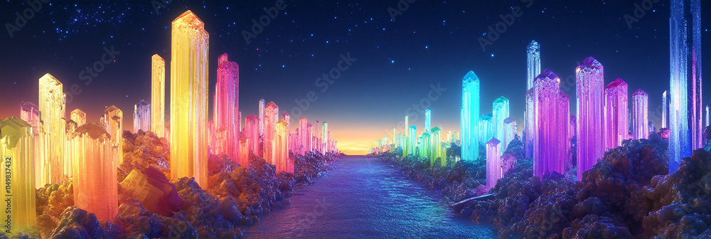 Poster a path of crystalized sugar tiles, each glowing with different hues, floating up to a celestial pala
