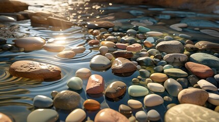 Fototapeta premium A serene and vibrant riverbed scene, illuminated by warm, dappled sunlight filtering down through the crystal-clear water,generative ai