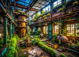Fototapeta premium Urban Exploration Photography: Abandoned Nutraceutical Factory, Grunge, Industrial, Decay, Mysterious, Dark, Gritty, Post-Apocalyptic, Forgotten, Urban Decay,