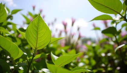 Fototapeta premium Nature of green leaf in garden at summer. Natural green leaves plants using as spring background cover page greenery environment ecology lime green wallpaper