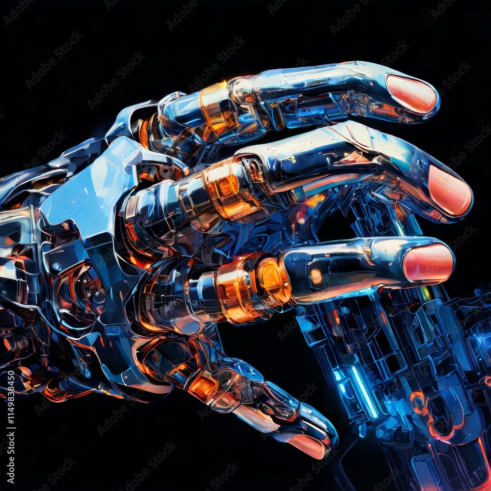 Poster a detailed close-up of a robotic hand with transparent mechanical components, showcasing advanced te