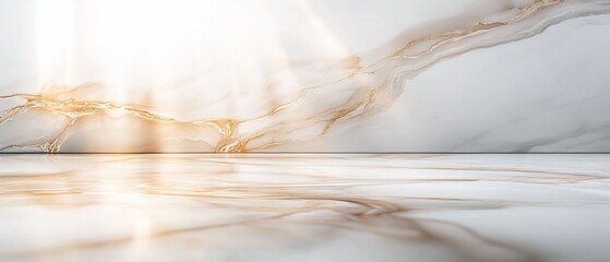 Elegant white marble background with golden veins and light beams, perfect for product display.