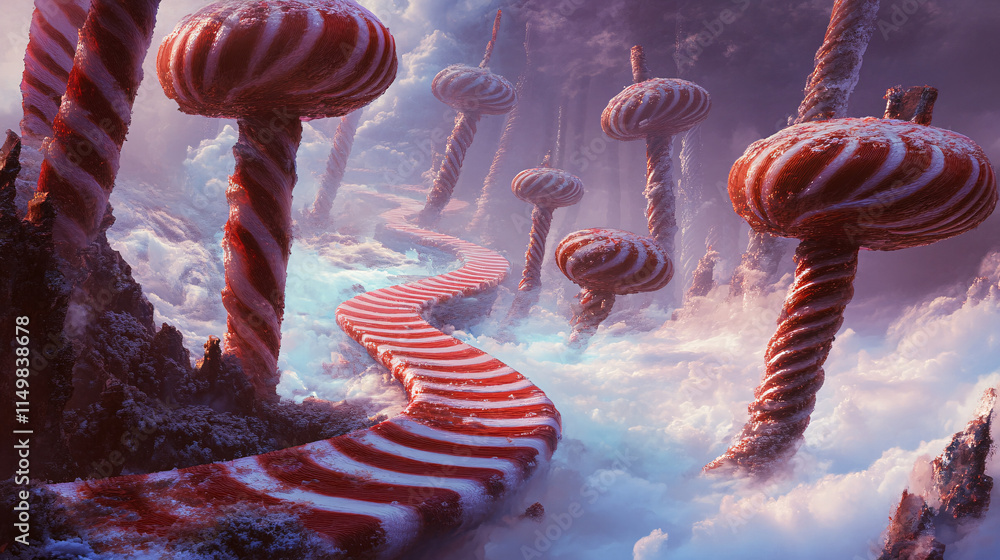 Poster a path of swirling peppermint disks, floating through a sugar mist, guiding the way to a mysterious 