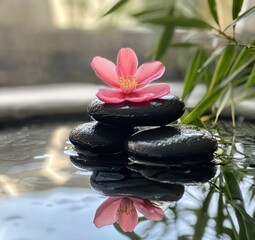 Pink flower atop stacked stones in water.