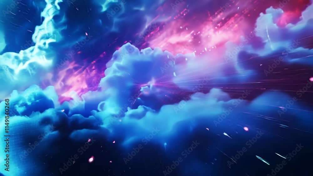 Poster streaks of light cascading from glowing clouds create a vibrant digital landscape, representing the 