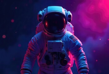 A full-body astronaut in a holographic blue-purple suit stands in space against a black background.