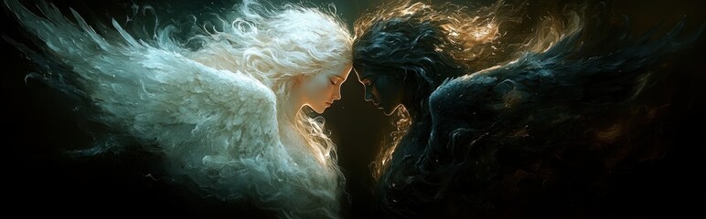 Obraz premium Light and dark winged beings face each other.