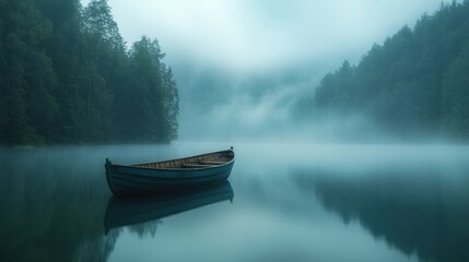 Misty lake, solitary boat, tranquil forest.