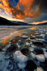 A frozen lake in the mountains of Patagonia with ice floating on it, golden hour lighting,  Made by AI.