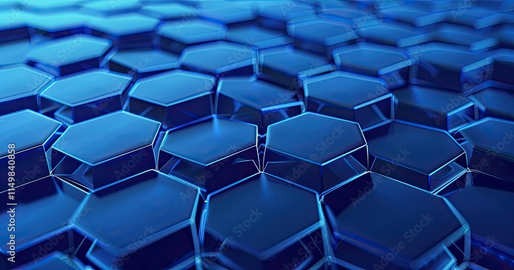 Poster a close-up view of interconnected hexagonal shapes in a blue, glossy finish.