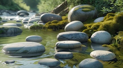 A serene riverside scene with rounded river pebbles, some partially submerged in crystal-clear water that gently ripples and reflects the soft, warm ambient lighting,generative ai