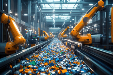 Robotic arms sorting colorful waste in a recycling facility.