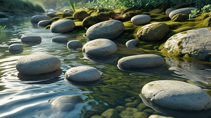 A serene riverside scene with rounded river pebbles, some partially submerged in crystal-clear water that gently ripples and reflects the soft, warm ambient lighting,generative ai