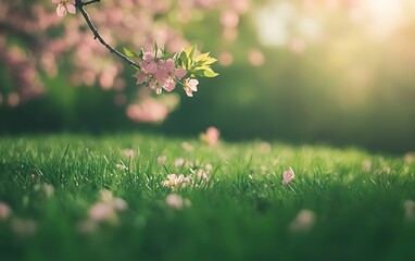 The background features a light blue, purple, and yellow gradient sky with sparkling stars, and a green grassland full of colorful, blooming flowers in the foreground, including pink daisies.