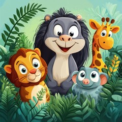 Fototapeta premium Adorable Jungle Animals Posing Among Lush Green Foliage