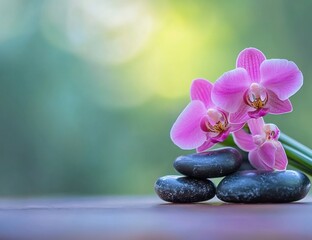 Pink orchids and black stones on wooden surface.