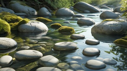 A serene riverside scene with rounded river pebbles, some partially submerged in crystal-clear water that gently ripples and reflects the soft, warm ambient lighting,generative ai