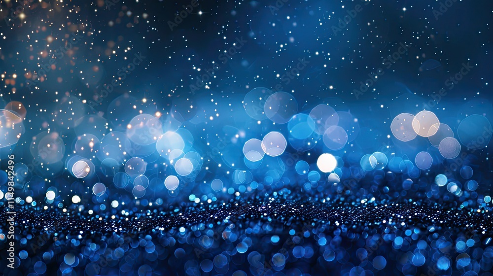 Poster a shimmering blue background with sparkling lights and bokeh effects.