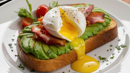 Toast with avocado and a perfectly cooked poached egg. Golden brown toast, generously spread with avocado buttercream, topped with a poached egg, the yolk of which drips slightly around the edges.