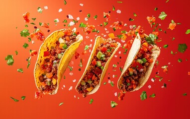 Flying tacos with all fillings and salsa beautifully scattered