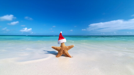 Starfish with red Santa hat on the seashore of azure blue sea. Winter vacation by the ocean. New Year, Christmas vacations. Travel to tropical resort.