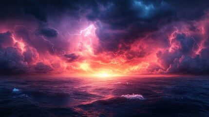 Fototapeta premium Fiery sunset, stormy ocean, lightning strikes.