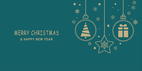 Naklejka premium Merry Christmas and Happy New Year web banner, card and wall paper with vector illustrations. Hanging Christmas baubles and star with Christmas tree and gift in snowy background. 